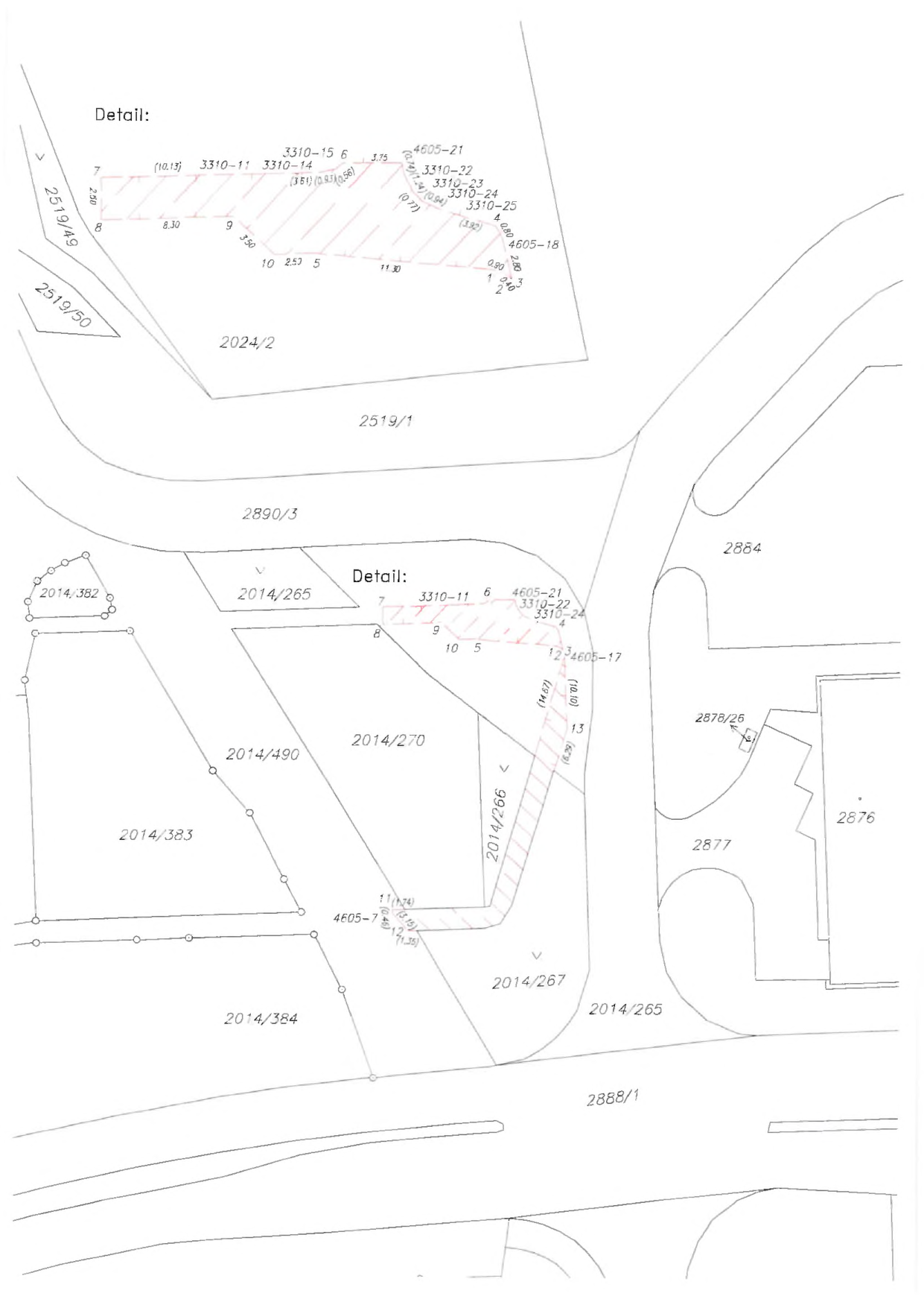 Katastrální situační nákres (geometrický plán) zobrazující parcely a jejich části. Obsahuje dva detaily (vyznačené šrafováním) s očíslovanými body a rozměry. Identifikovaná čísla parcel: 2519/49, 2519/50, 2024/2, 2519/1, 2890/3, 2014/382, 2014/265, 2014/490, 2014/383, 2014/270, 2014/266, 2014/384, 2014/267, 2014/265, 2888/1, 2884, 2878/26, 2877, 2876. V nákresu jsou uvedena čísla bodů (např. 3310-11, 3310-14, 3310-15, 4605-21, 4605-18, 4605-7) a délkové rozměry v závorkách (např. 10.13, 3.50, 11.30, 14.67, 10.10, 6.29, 3.15).