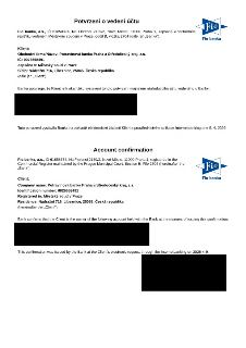 Potvrzení o vedení účtu (Account confirmation) vystavené bankou Fio banka, a.s. pro klienta Potravinová banka Praha a Středočeský kraj, z.s., IČ: 0026558491, s…