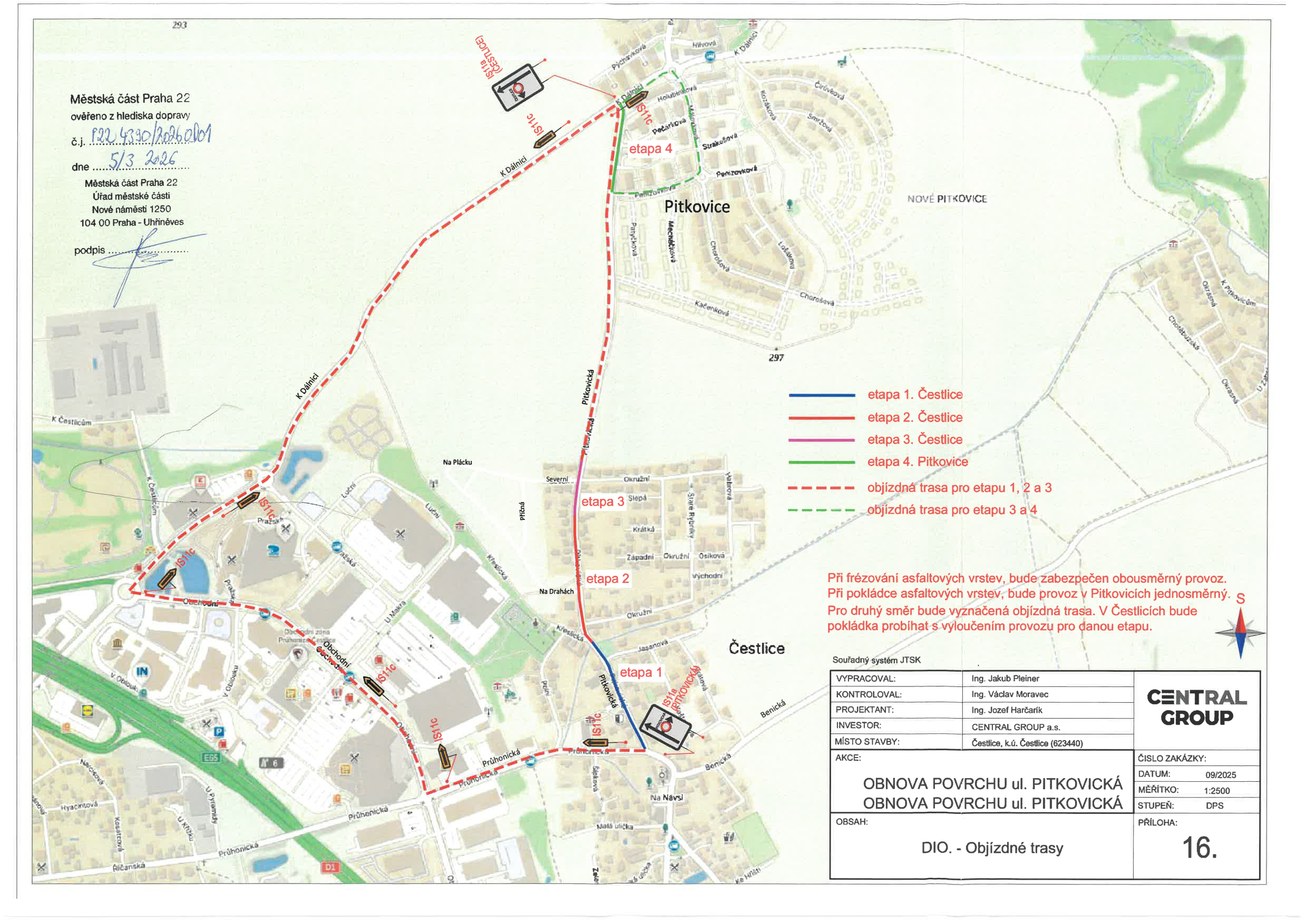 Situační plán s vyznačenými etapami rekonstrukce povrchu ulice Pitkovická a trasami objížděk.