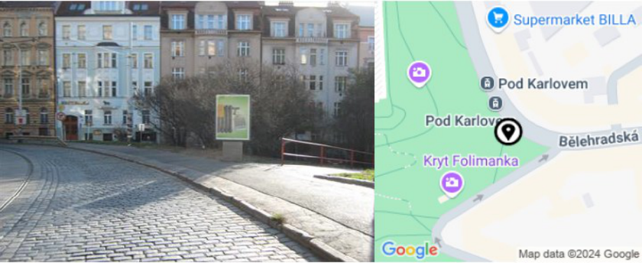 Fotografie lokality v blízkosti zastávky Pod Karlovem a mapa s vyznačenou polohou v Praze.
