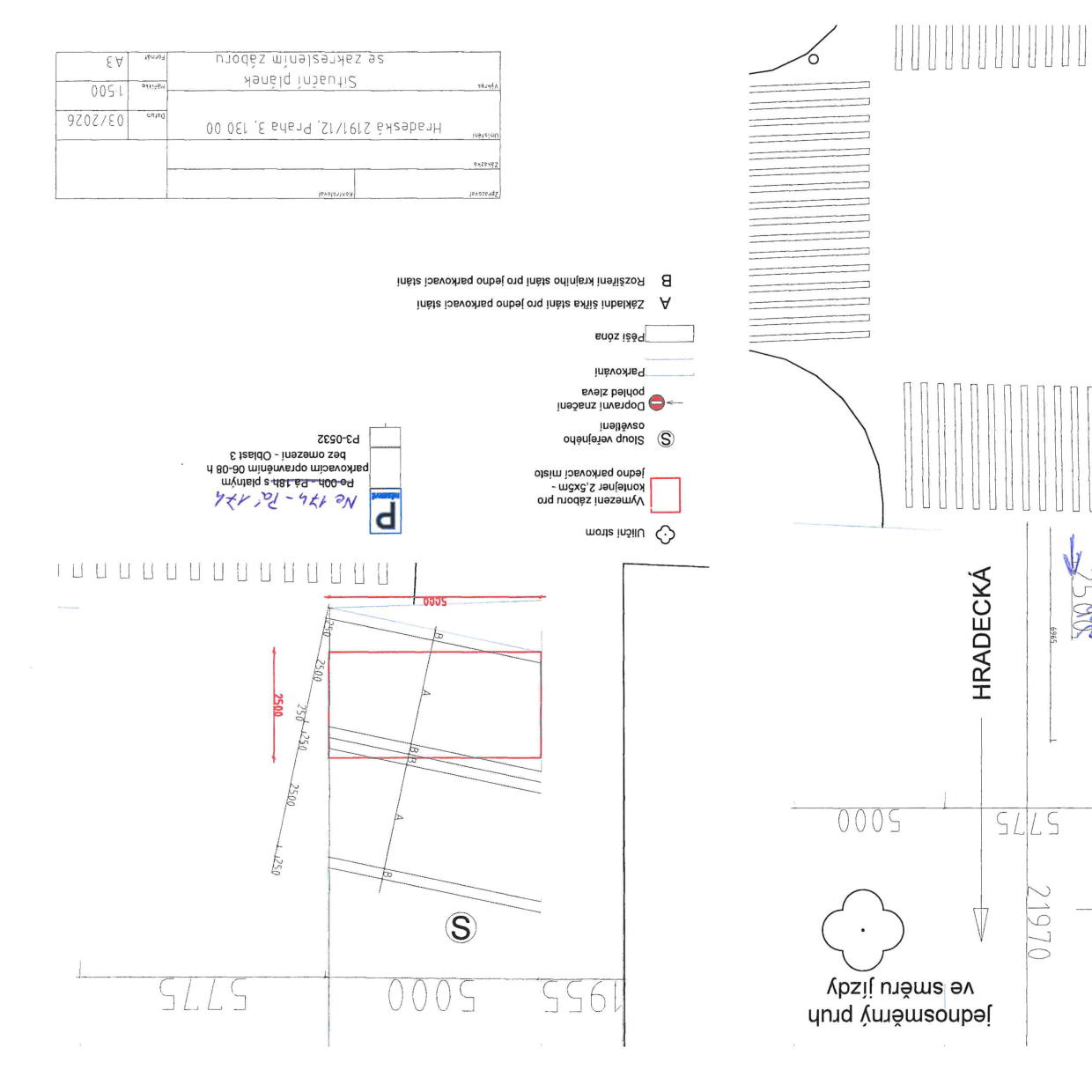 Situační nákres záboru pro kontejner a vyhrazené parkovací místo v ulici Hradecká, Praha 3.