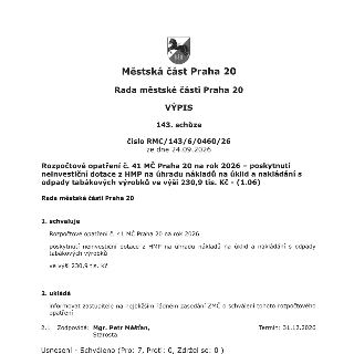 Městská část Praha 20, Rada městské části Praha 20, VÝPIS, 143. schůze, Číslo RMC/143/6/0460/26 ze dne 24.09.2026. Rozpočtové opatření č. 41 MČ Praha 20 na rok…
