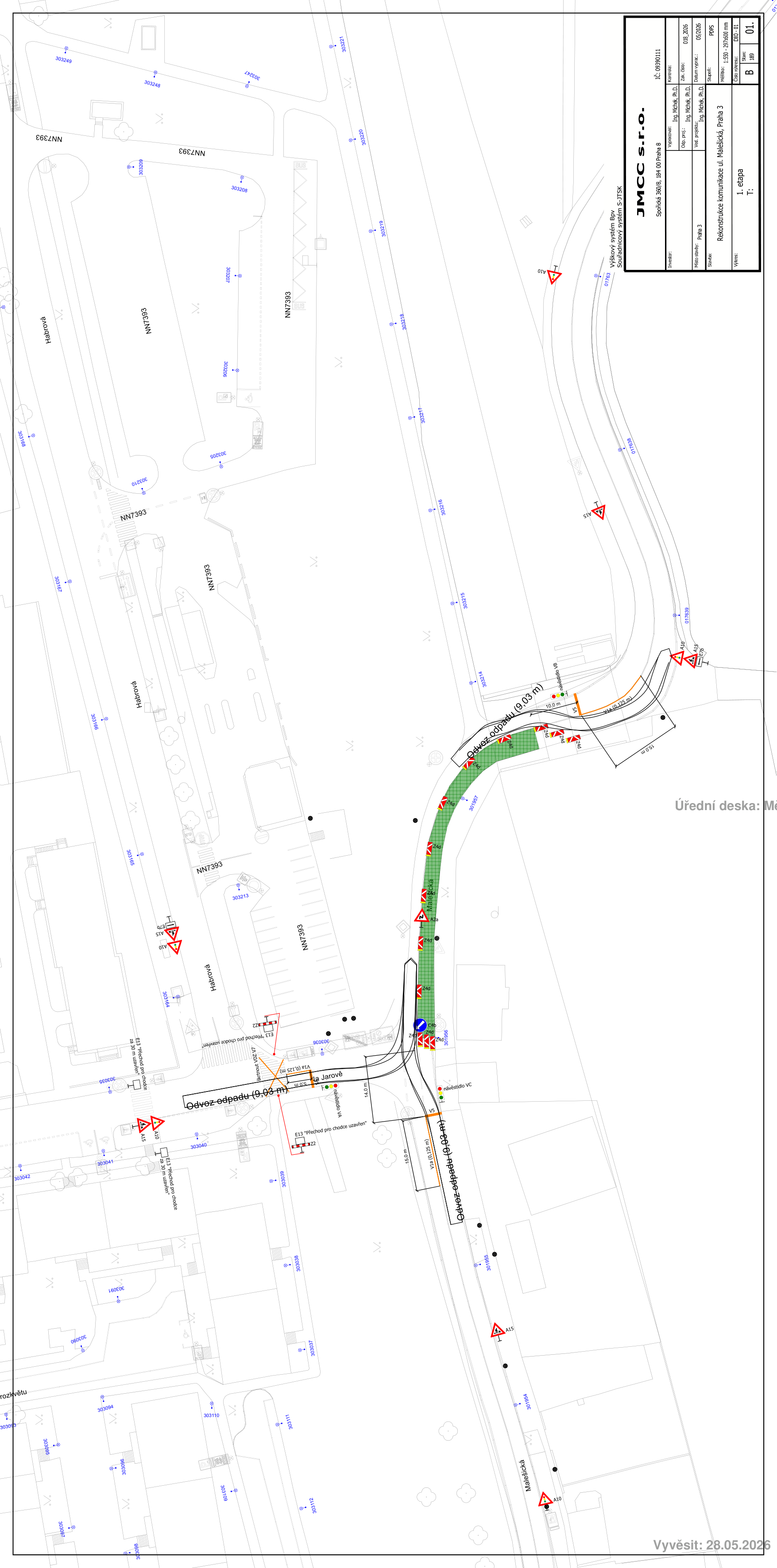 Projektová dokumentace pro rekonstrukci komunikace ul. Malešická, Praha 3 (1. etapa). Dokument obsahuje situační nákres dopravního značení a uzavírek. Informace z razítka: JMCC s.r.o., Sochorova 360/8, 602 00 Brno, IČ: 06390111. Datum vyvěšení na úřední desce: 28.05.2026. V plánu jsou vyznačeny úseky 'Odvoz odpadu (9,03 m)', ulice Malešická a Habrová, a katastrální čísla pozemků (např. NN7393).