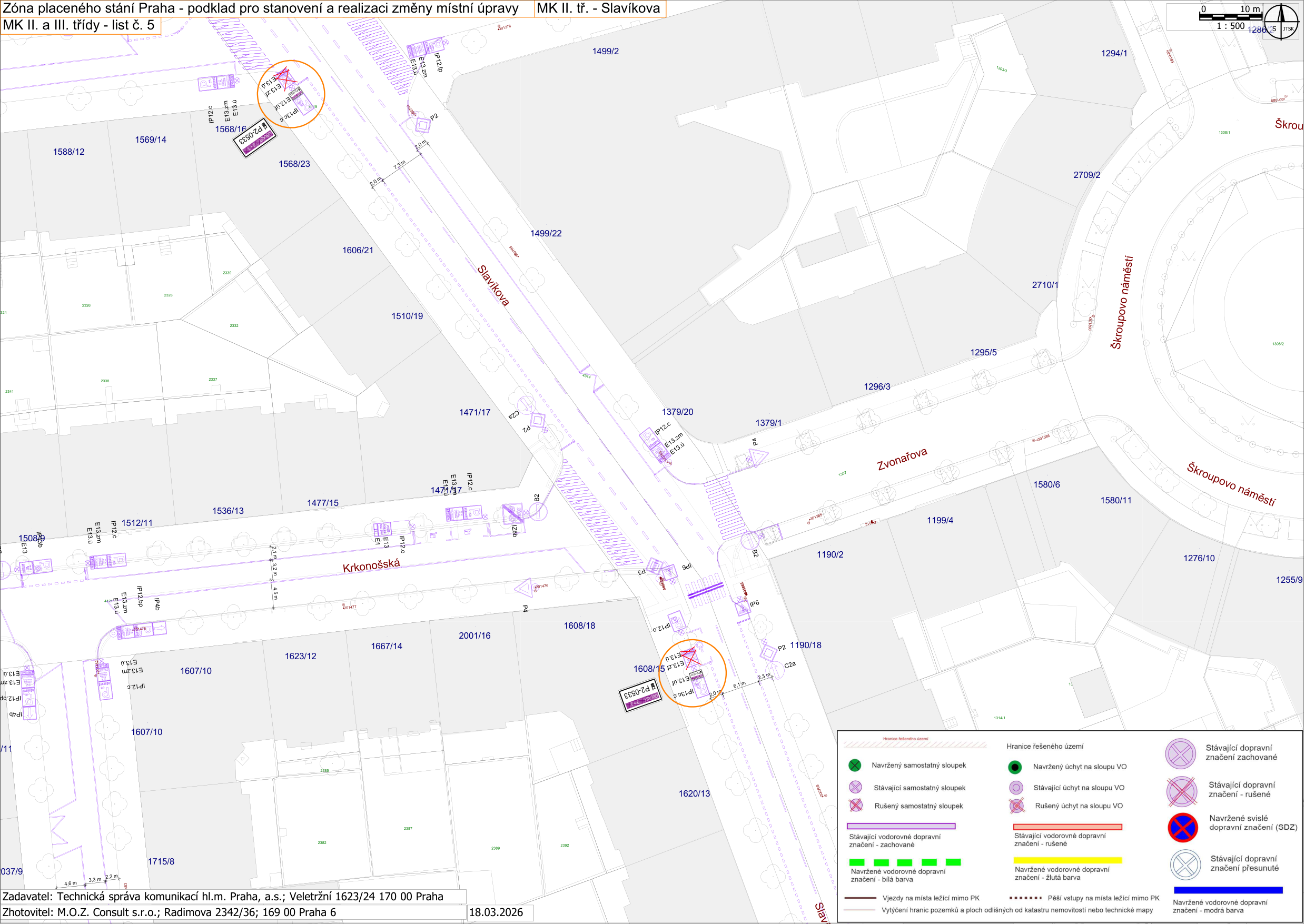 Situační plán dopravního značení pro zónu placeného stání v Praze, lokalita MK II. tř. - Slavíkova (list č. 5). Mapa zobrazuje ulice Slavíkova, Krkonošská, Zvonařova a Škroupovo náměstí s vyznačením parcelních čísel (např. 1568/16, 1499/22, 1608/15, 1190/18) a změn v dopravním značení. Legenda obsahuje symboly pro navržené, stávající a rušené dopravní značení (sloupky, vodorovné značení, značky na sloupech VO). Zadavatel: Technická správa komunikací hl.m. Prahy, a.s.; Veletržní 1623/24, 170 00 Praha. Zhotovitel: M.O.Z. Consult s.r.o.; Radimova 2342/36; 169 00 Praha 6. Datum: 18.03.2026.
