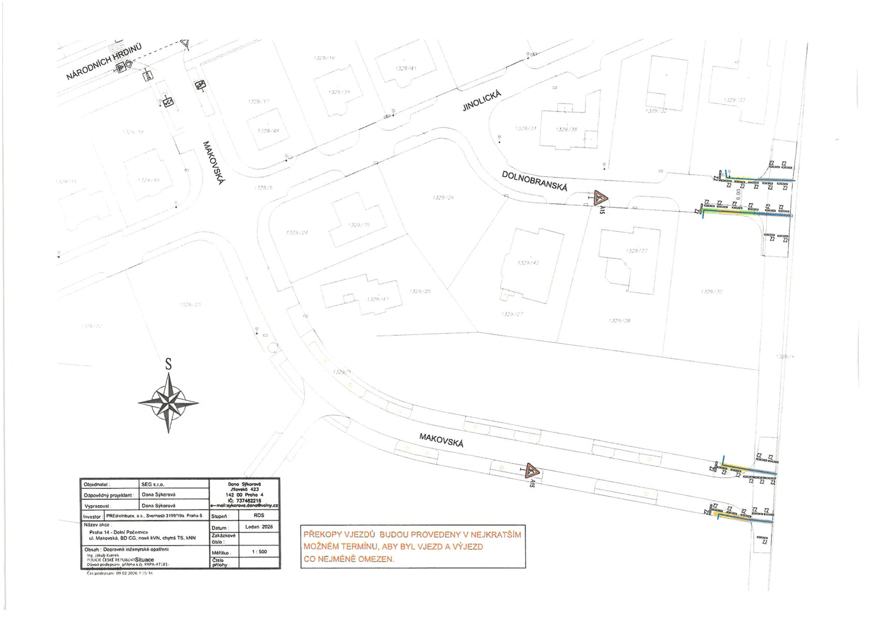 Koordinační situační výkres inženýrských sítí v ulicích Dolnobranská a Makovská.