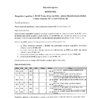 Důvodová zpráva BJ/0545/2026 k Rozpočtovému opatření č. 39 MČ Praha 20 na rok 2026 – přesun finančních prostředků v rámci rozpočtu MČ ve výši 874,4 tis. Kč. Ob…