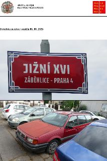 Fotodokumentace vozidla 06. 08. 2026. Horní část obsahuje uliční ceduli 'JIŽNÍ XVI ZÁBĚHLICE - PRAHA 4'. Dolní část zobrazuje parkující vozidla v ulici.