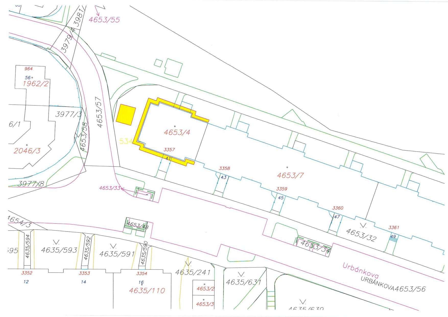 Katastrální situační mapa zobrazující parcely v okolí ulice Urbánkova.