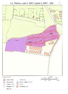 Katastrální mapa území k.ú. Radlice, parc. č. 465/1 a parc. č. 469/1 – část. Mapa obsahuje legendu: Hranice Prahy, Městské části, Správní obvody, Katastrální ú…
