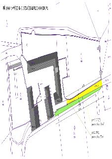 Příloha 1: Výřez KN s vyznačením ploch k odkupu. Mapa zobrazuje budovy A, B, C, D a pozemky. Vyznačeny jsou plochy k odkupu: parc. č. 2107/3 s plochou odkupu 2…