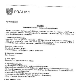 PRAHA 1
Čj.: 81/10/2026/Z

ZÁMĚR
městské části Praha 1 pronajmout nemovitou věc

Městská část Praha 1 zveřejňuje podle § 36 odst. 1 zákona č. 131/2000 Sb., o h…