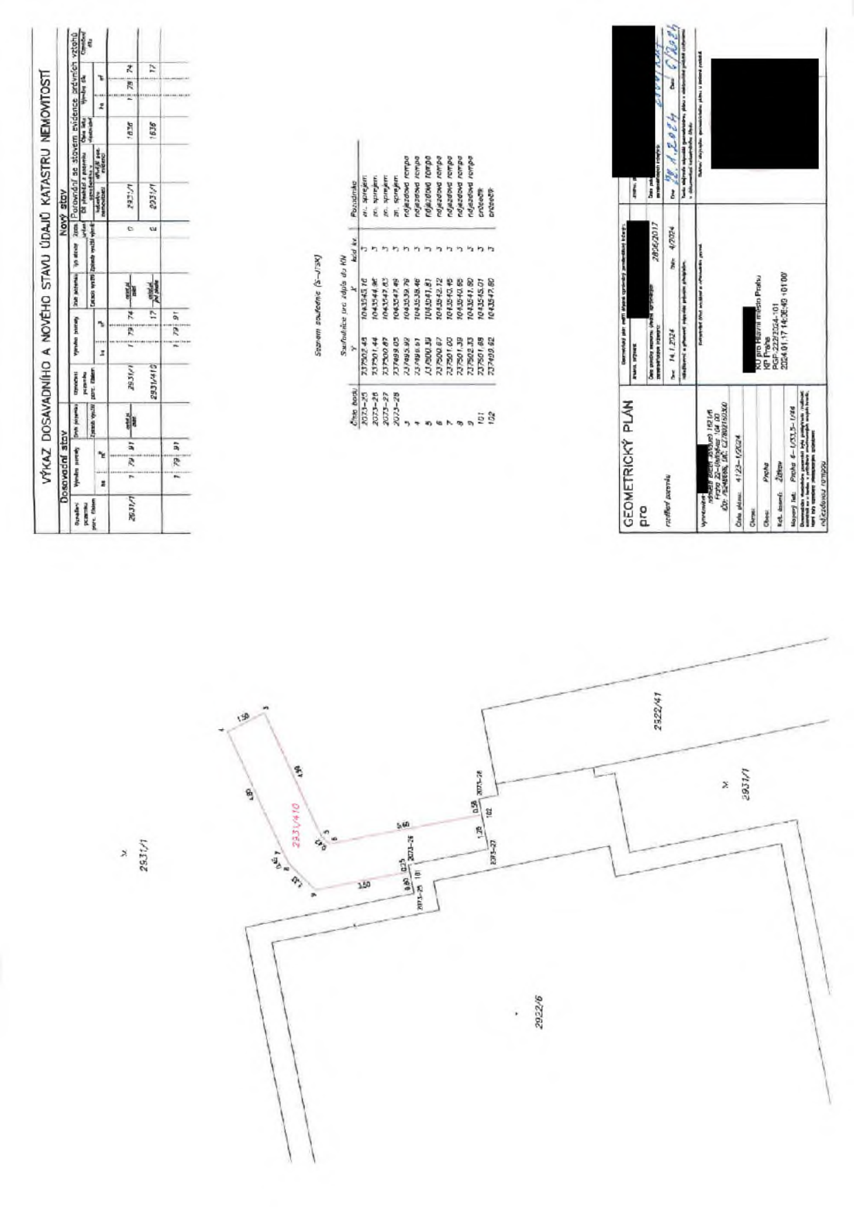 Geometrický plán pro rozdělení pozemku. Dokument obsahuje tabulku 'Výkaz dosavadního a nového stavu údajů katastru nemovitostí', kde jsou uvedeny parcely 2931/1 a 2931/410. Dále obsahuje seznam souřadnic (S-JTSK) pro body 2073-25 až 102. V grafické části je situační nákres parcel 2931/1, 2922/6 a 2922/41. V pravé části je razítko potvrzující ověření geometrického plánu Katastrálním úřadem pro hlavní město Prahu, číslo plánu 4123-1/2024, datum 14. 1. 2024, potvrzeno 22. 1. 2024.