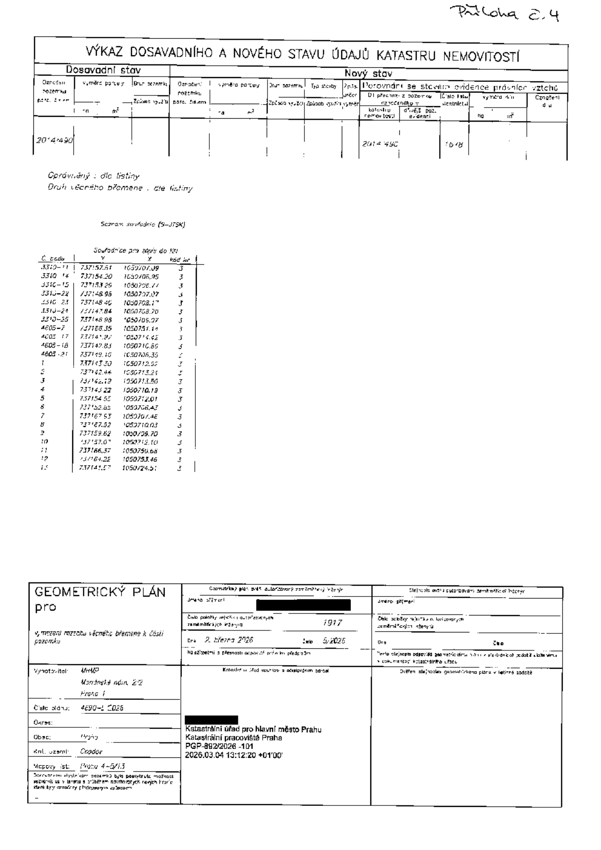 Geometrický plán pro vymezení rozsahu věcného břemene k části pozemku. Příloha č. 4. Výkaz dosavadního a nového stavu údajů katastru nemovitostí: parcela 2014/490. Seznam souřadnic (S-JTSK) pro body 3310-11 až 15. Vyhotovitel: MHMP, Mariánské nám. 2/2, Praha 1. Číslo plánu: 4690-1/2026. Datum: 2. března 2026. Číslo položky seznamu: 1917. Katastrální úřad pro hlavní město Prahu, Katastrální pracoviště Praha, PGP-892/2026-101, 2026.03.04 13:12:20 +01'00'.