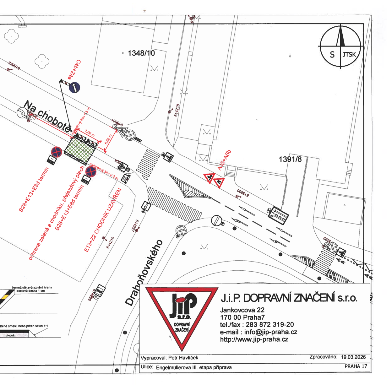Projektová dokumentace dopravního značení v ulici Engelmuellerova, obsahující situační nákres.