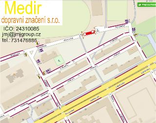Medir dopravní značení s.r.o., IČO: 24310085, jmj@jmjgroup.cz, tel.: 731476886. Mapa dopravního značení a uzavírky v ulicích Kovanecká, U Školičky, Čihákova, S…