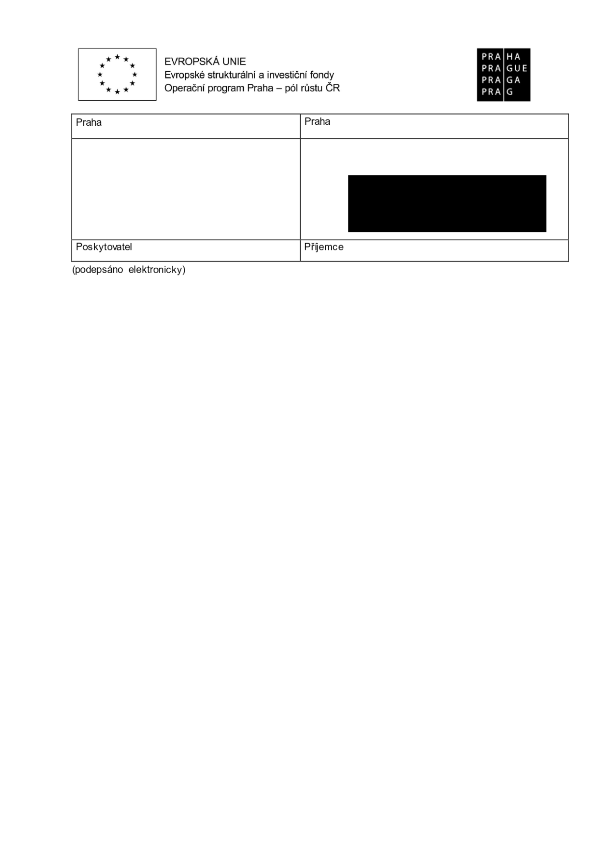 Dokument s hlavičkou Evropské unie (Evropské strukturální a investiční fondy, Operační program Praha – pól růstu ČR) a logem Prahy. Obsahuje tabulku pro podpisy: vlevo 'Praha' s poznámkou '(podepsáno elektronicky)' pod polem 'Poskytovatel', vpravo 'Praha' a pole 'Příjemce'.