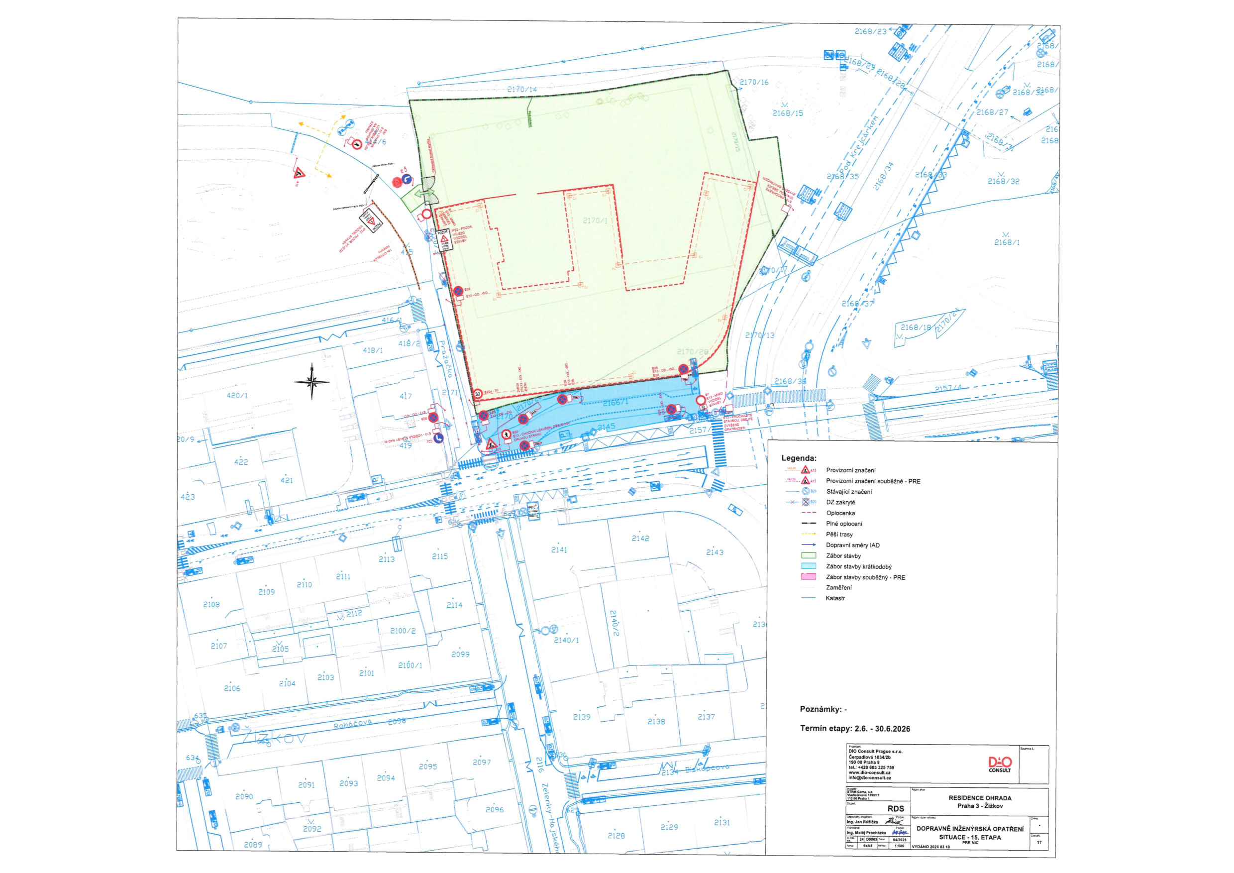 Koordinační situační výkres dopravního značení stavby Residence Ohrada v Praze 3.