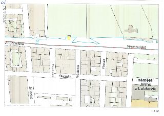 Katastrální mapa oblasti v Praze na Vinohradech. Vyznačeny ulice: Vinohradská, Jičínská, Chrudimská, Slezská, Hradecká, Písecká a náměstí Jiřího z Lobkovic. V…