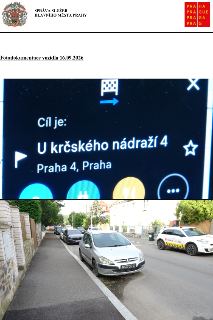 Fotodokumentace vozidla 16.09.2026. Horní část obsahuje navigaci s textem: Cíl je: U krčského nádraží 4, Praha 4, Praha. Dolní část zobrazuje parkující stříbrn…