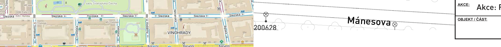 Výřez z mapy území v oblasti Vinohrad (ulice Slezská a Mánesova) se zákresem technických prvků.