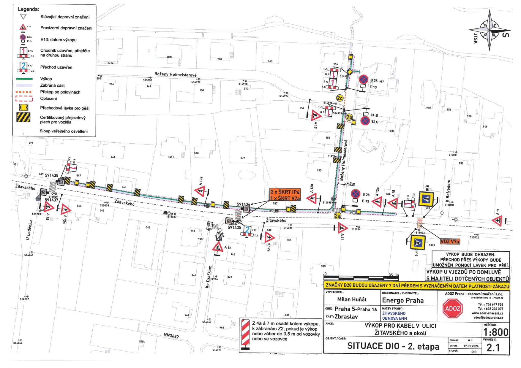 Dopravně inženýrské opatření (DIO) znázorňující výkopové práce a uzavírky v ulicích Žitavského a Boženy Hofmeisterové.