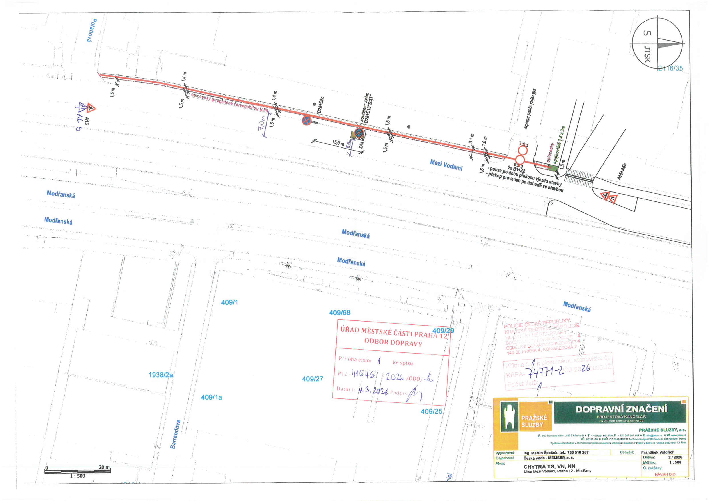 Situační nákres dopravního značení a záboru komunikace v ulici Mezi Vodami v Praze 12.
