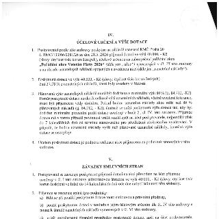 Část smlouvy o dotaci: 
IV. ÚČELOVÉ URČENÍ A VÝŠE DOTACE: 1. Poskytovatel poskytne dotaci 40.000 Kč na akci „Pořádání akce Veterán Párty 2026“ na základě usnes…