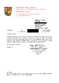 Úřední dopis Městské části Praha - Čakovice, náměstí 25. března 121/1, 196 00 Praha-Čakovice. Odesílatel: Ing. Jiří Vintiška, starosta. Adresát: Magistrát hl.…