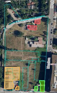 Katastrální mapa s ortofotomapou zobrazující pozemky v oblasti ulice Menclova a Libenský ostrov. Vyznačená čísla parcel: 4003/1, 4003/5, 4003/49, 4003/13, 4003…
