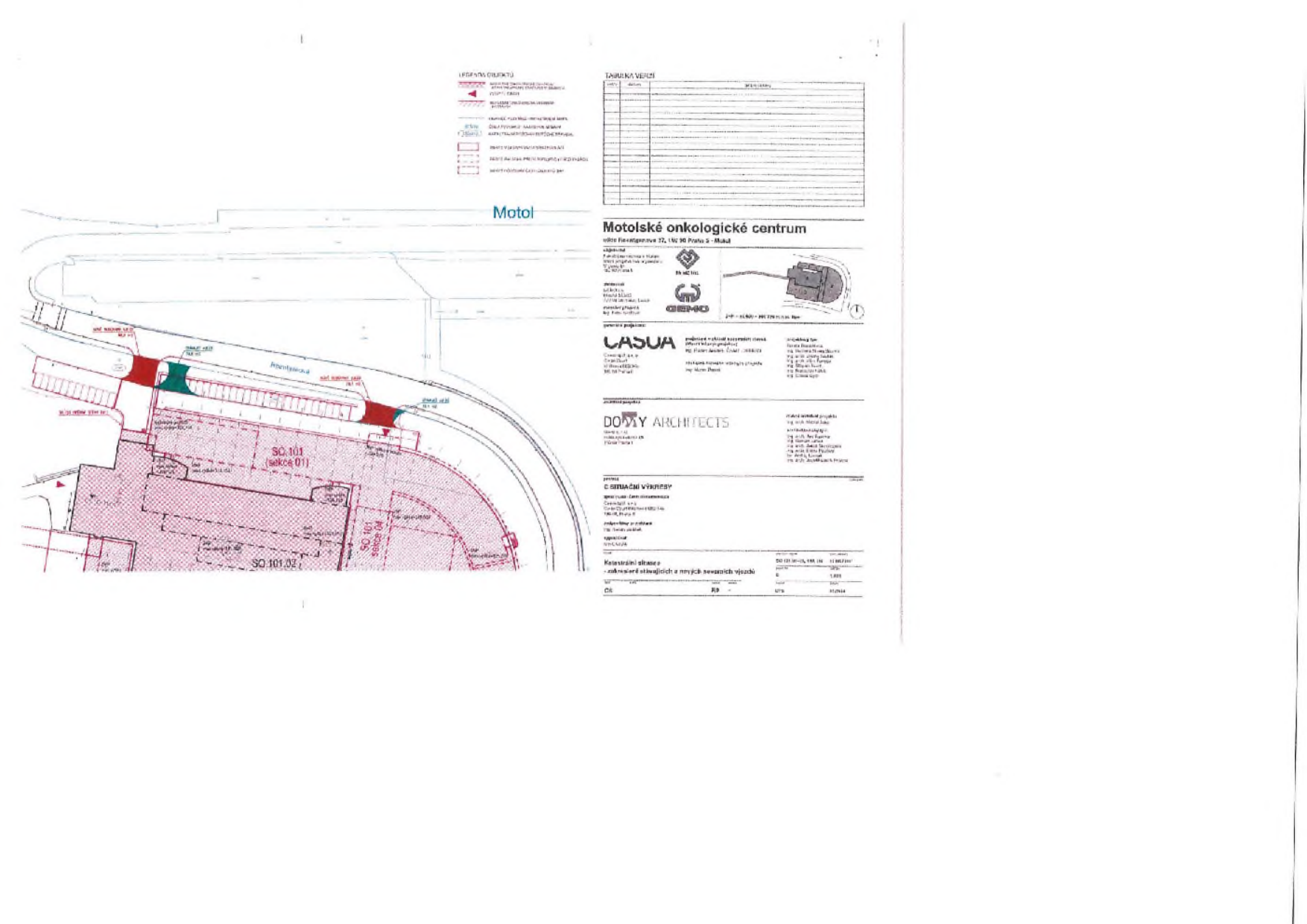 Situační výkres projektu 'Motolské onkologické centrum', ulice V Úvalu, Praha 5 - Motol. Projektanti: CASUA a DOMY ARCHITECTS. Zobrazená část stavby: SO 101 (sekce 01 a sekce 04). Dokument obsahuje legendu prvků a technické informace o stavbě.