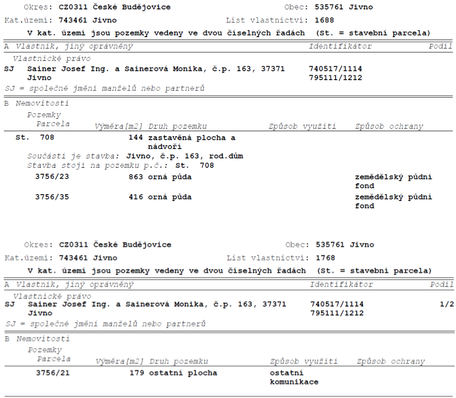 Výpis z katastru nemovitostí pro dvě listiny vlastnictví v obci Jivno, katastrální území 743461 Jivno. 

List vlastnictví 1688:
Vlastníci: Sainer Josef Ing. a Sainerová Monika, č.p. 163, 37371 Jivno (SJ - společné jmění manželů).
Nemovitosti: 
- St. 708, výměra 144 m2, zastavěná plocha a nádvoří (součástí je stavba Jivno, č.p. 163, rod. dům).
- 3756/23, výměra 863 m2, orná půda, zemědělský půdní fond.
- 3756/35, výměra 416 m2, orná půda, zemědělský půdní fond.

List vlastnictví 1768:
Vlastníci: Sainer Josef Ing. a Sainerová Monika, č.p. 163, 37371 Jivno (SJ - společné jmění manželů), podíl 1/2.
Nemovitosti:
- 3756/21, výměra 179 m2, ostatní plocha, způsob využití: ostatní komunikace.