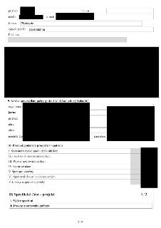 Část formuláře žádosti o dotaci. Horní část obsahuje údaje o žadateli: příjmení, titul za, telefon, e-mail, funkce (Předseda), způsob jednání (samostatně), pln…