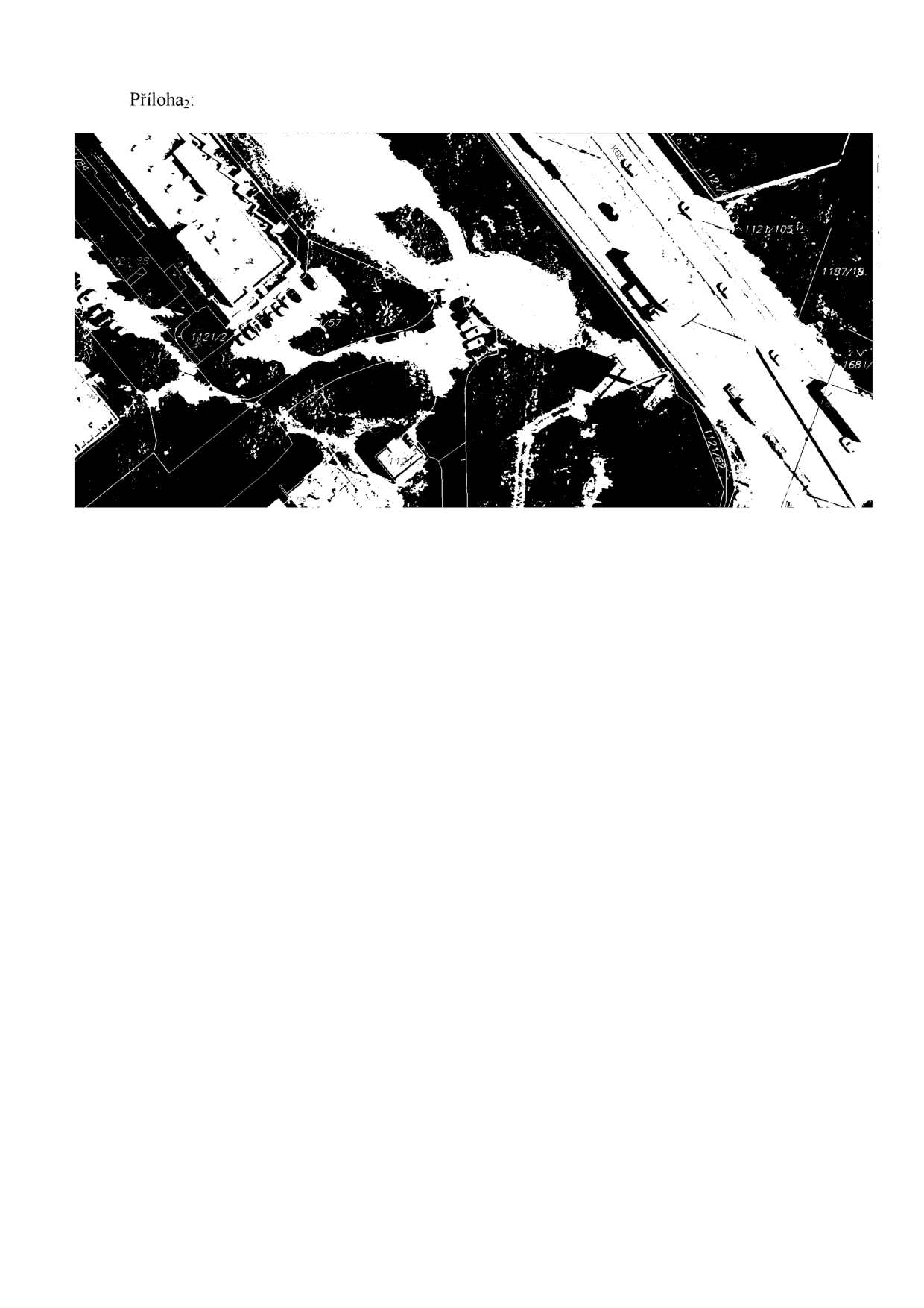 Ortofotomapa území s vyznačenými hranicemi parcel a čísly pozemků.