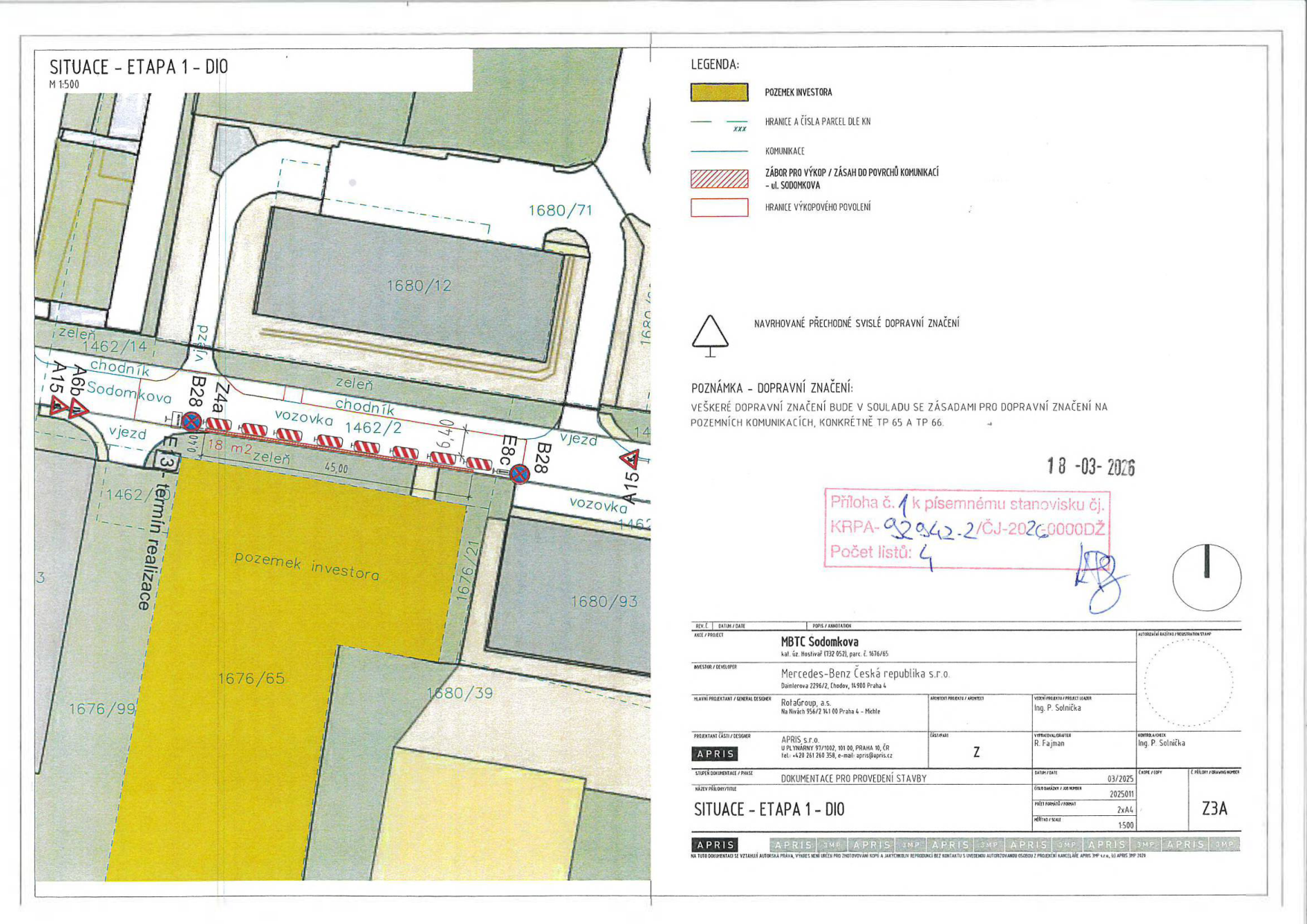 Situační nákres dopravního značení a záboru komunikace pro stavbu v blízkosti pozemků parcelních čísel 1676/65 a 1680/12.
