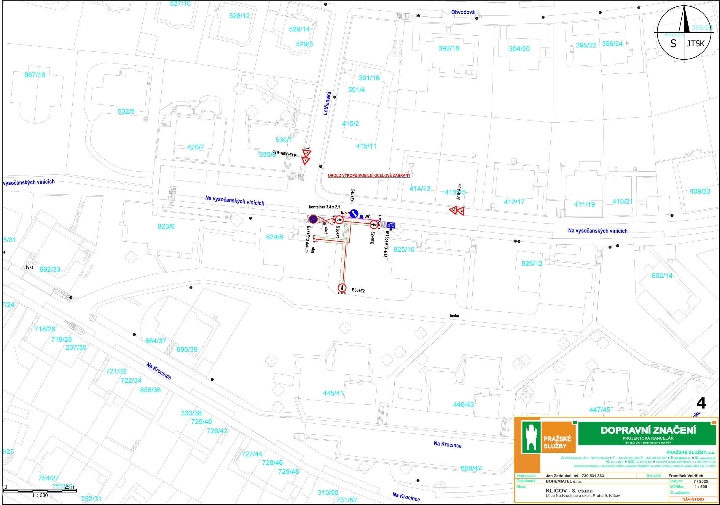 Situační nákres dopravního značení pro akci 'KLÍČOV - 3. etapa' v ulici Na Krocínce a okolí, Praha 9, Klíčov. Dokument obsahuje katastrální mapu s vyznačením dopravního značení (zákazy vjezdu, parkování, mobilní zábrany, kontejner 3,4 x 2,1 m). Informace v patičce: PRAŽSKÉ SLUŽBY, DOPRAVNÍ ZNAČENÍ, PROJEKTOVÁ KANCELÁŘ. Vypracoval: Jan Zatloukal, tel.: 739 531 863. Objednatel: BOHEMIATEL s.r.o. Datum: 7/2025. Měřítko: 1:500. Č. zakázky: NÁVRH DIO.