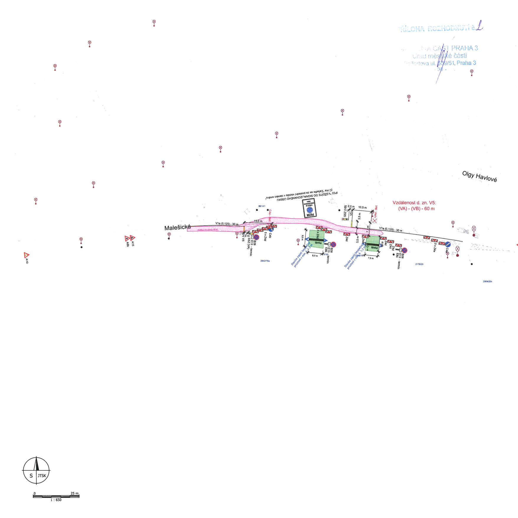 Situační nákres dopravního značení a úprav komunikace v ulici Malešická.