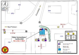 Situační nákres dopravního značení a záboru komunikace (buňkoviště 6m x 6m = 36m²) v ulicích Zvonařská a Nad Parkem. Obsahuje legendu k navrženému a stávajícím…