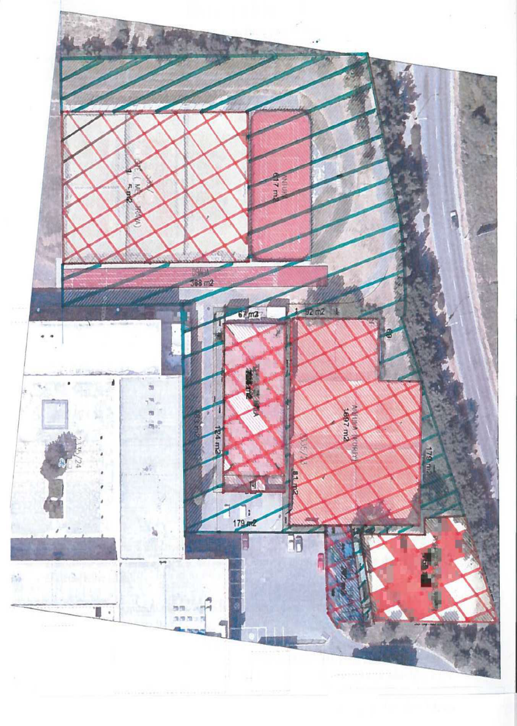 Situační nákres stavby s vyznačenými plochami v ortofotomapě.