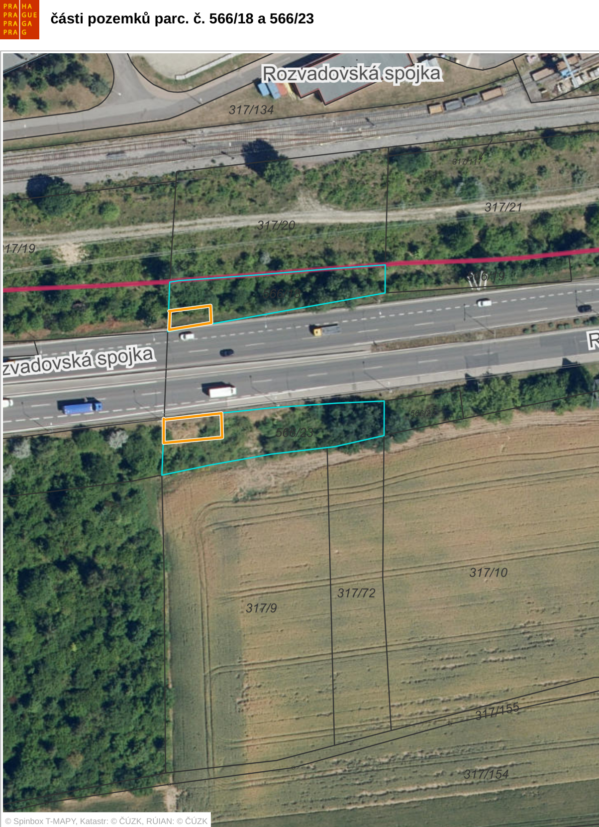 Mapa zobrazující části pozemků parc. č. 566/18 a 566/23 v Praze. Ortofoto podklad s vyznačenými hranicemi parcel a zvýrazněnými oblastmi (tyrkysové a oranžové obrysy). V mapě jsou čitelné následující parcely: 317/134, 317/20, 317/21, 17/19, 566/18, 566/23, 317/9, 317/72, 317/10, 317/155, 317/154. Dále je v mapě označen název komunikace 'Rozvadovská spojka'. Uvedené zdroje dat: © Spinbox T-MAPY, Katastr: © ČÚZK, RÚIAN: © ČÚZK.