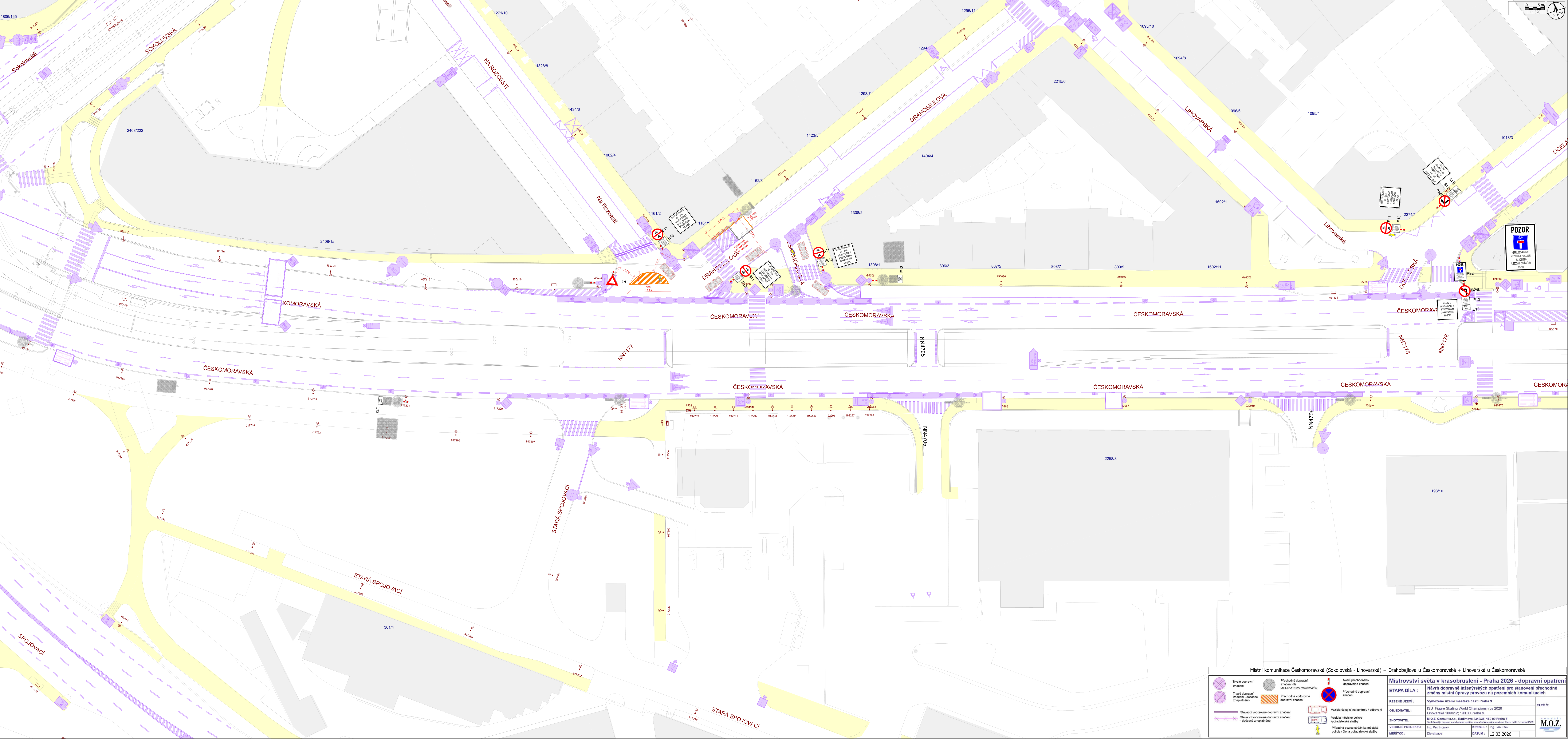 Koordinační situační výkres dopravního značení pro místní komunikaci Českomoravská v Praze.
