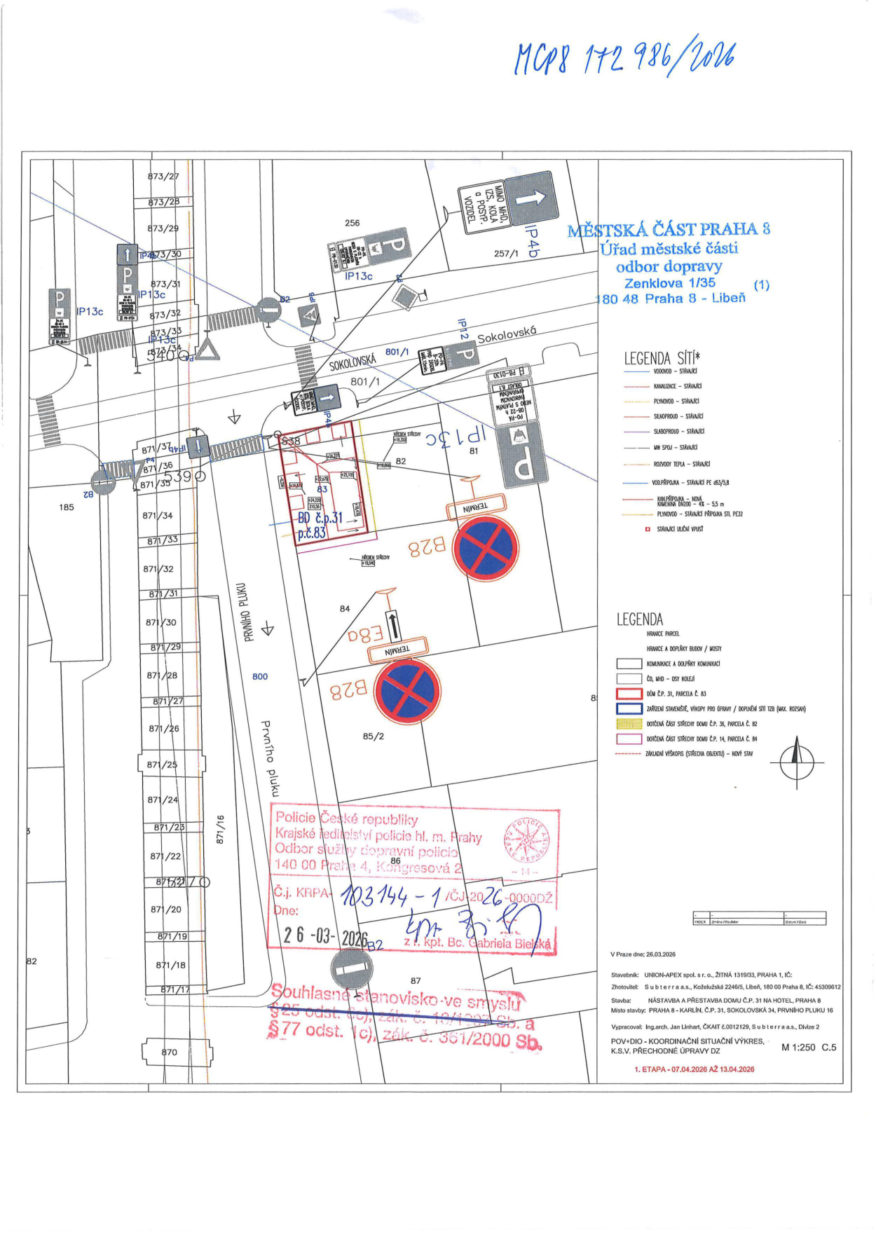 Koordinační situační výkres dopravního značení pro stavbu v Praze 8.
