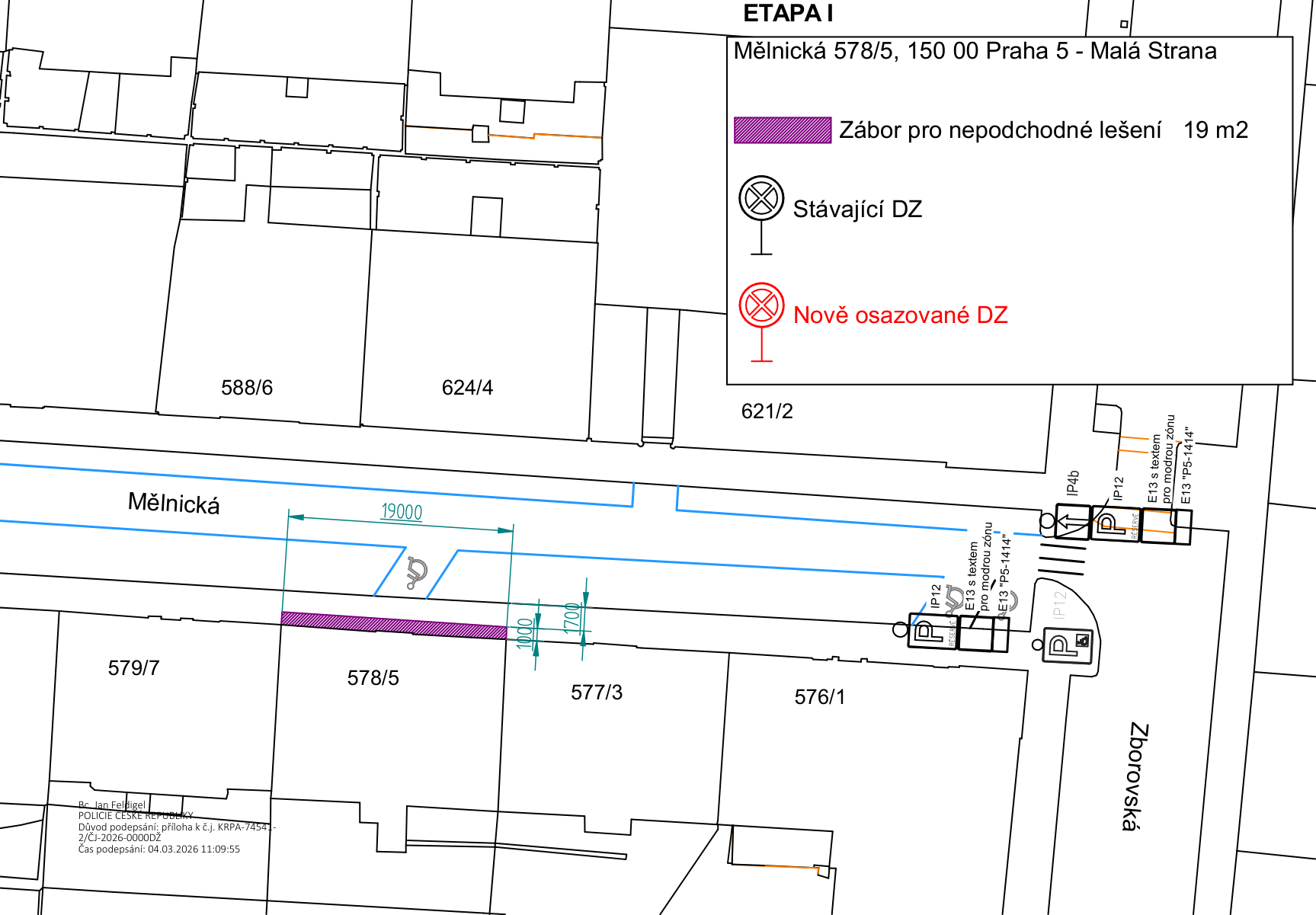 Situační nákres záboru veřejného prostranství pro lešení před budovou Mělnická 578/5.