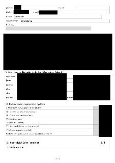 Část formuláře žádosti o dotaci. Obsahuje sekce: 1. Osobní údaje (příjmení, titul za, telefon, e-mail, funkce: Předseda, způsob jednání: samostatně, plná moc).…