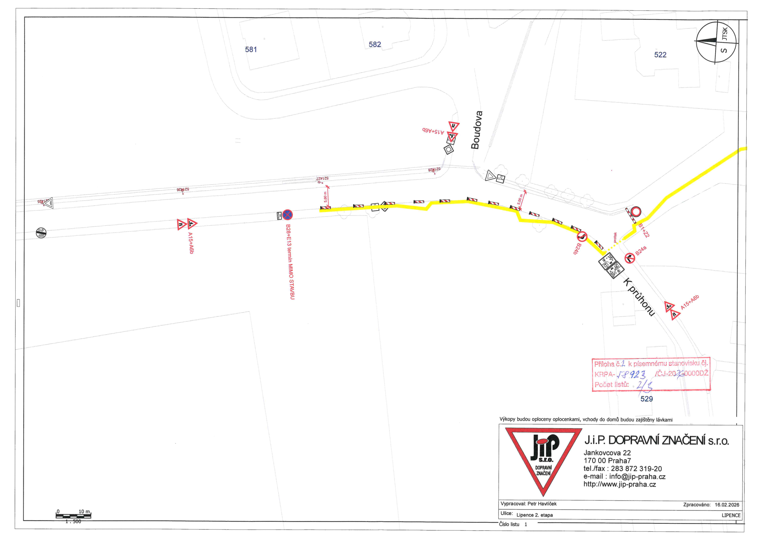 Situační nákres dopravního značení pro druhou etapu stavby v Lipencích.
