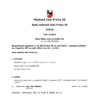Městská část Praha 20, Rada městské části Praha 20. VÝPIS, 144. schůze, Číslo RMC/144/2/0486/26 ze dne 08.10.2026. Rozpočtové opatření č. 42 MČ Praha 20 na rok…