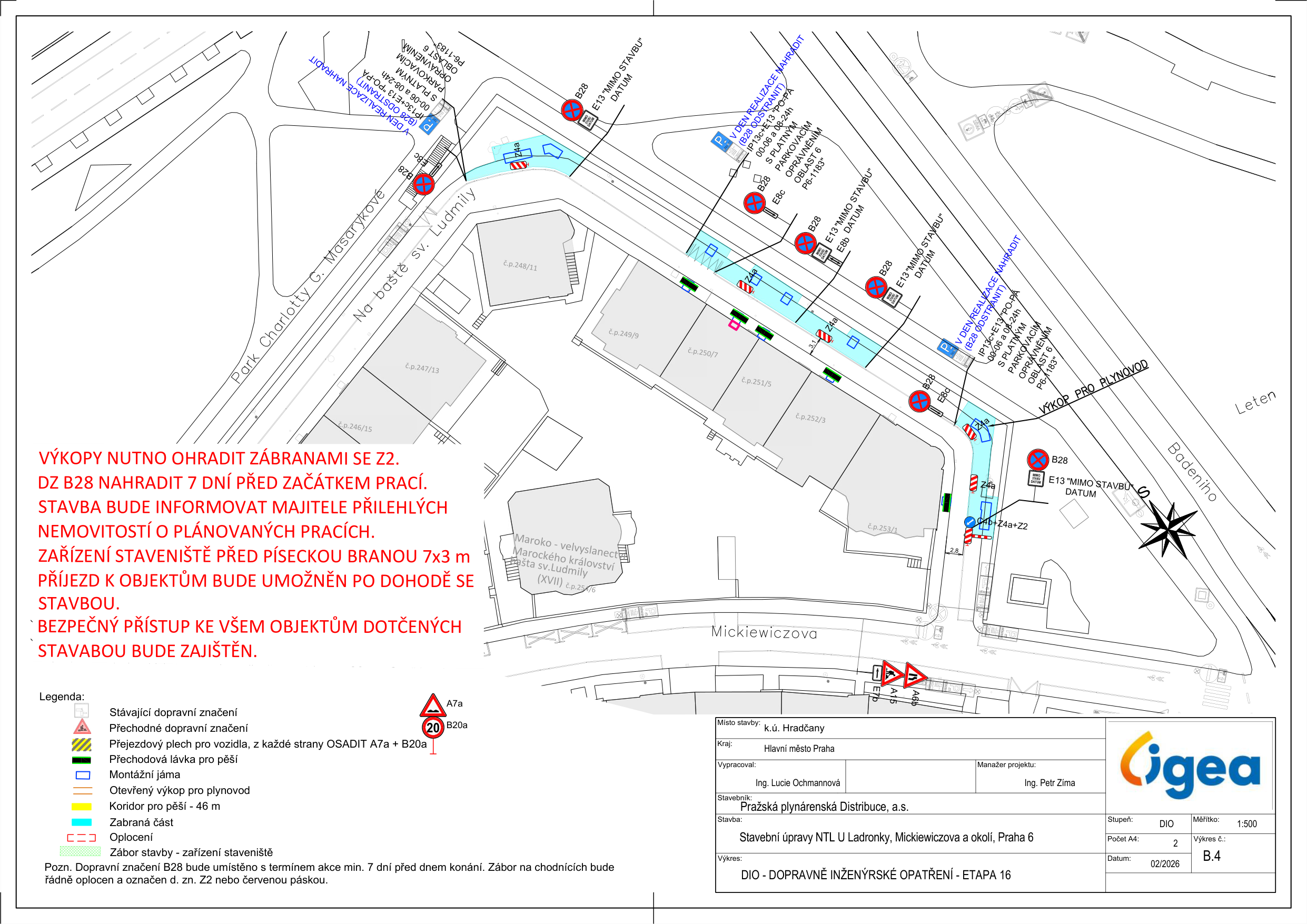 Situační nákres dopravního značení a plánu stavby pro rekonstrukci plynovodu v ulici Na baště sv. Ludmily.