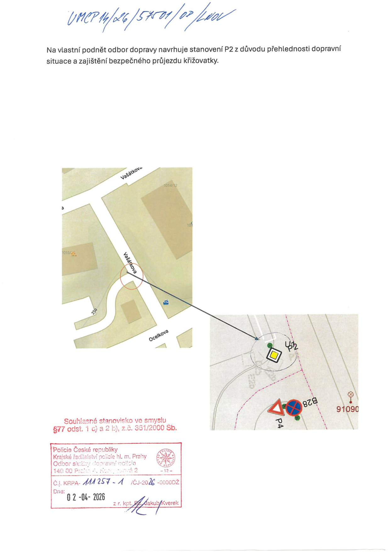 Situační nákres dopravního značení v křižovatce ulic Vašátkova a Ocelkova.