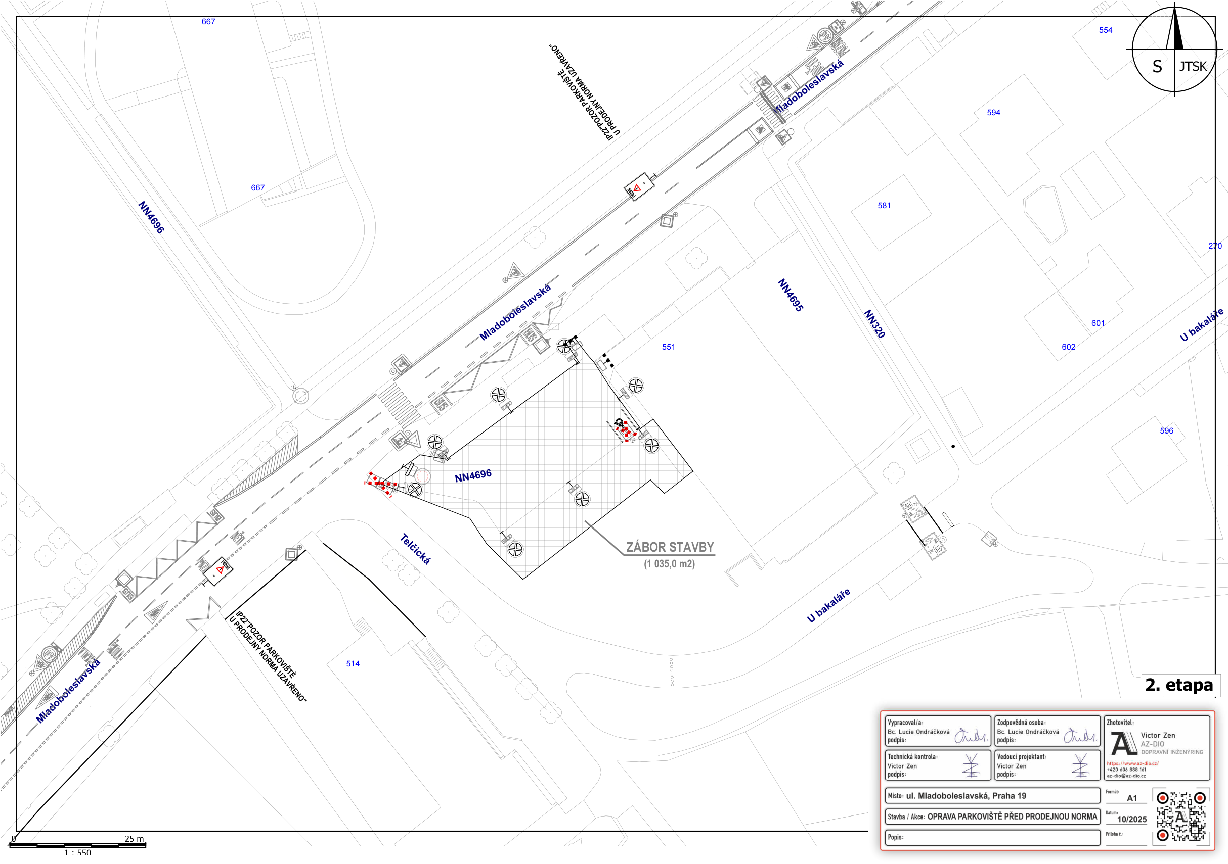 Situační plán stavby (2. etapa) pro opravu parkoviště před prodejnou Norma v ulici Mladoboleslavská, Praha 19.