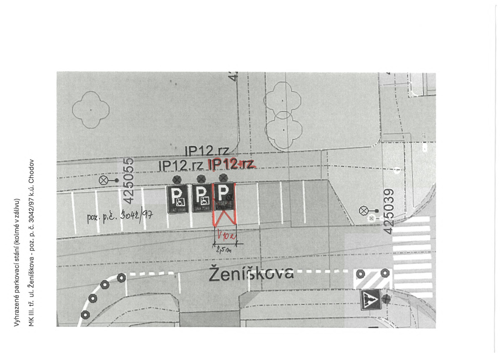 Situační nákres vyhrazeného parkovacího stání v ulici Ženíškova.