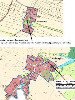 Výřez územního plánu obsahující dvě mapové části. Horní část: Změny zastavěného území - vyřazení plochy Z32 Hroznice z návrhu a její severní část je zastavěna…